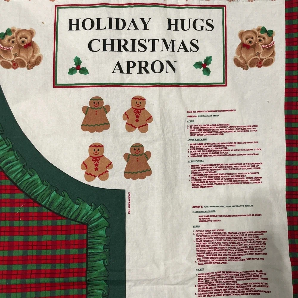 Holiday Hugs Vintage Xmas Apron Fabric Panel Teddy Bears Gingerbread‎ Men